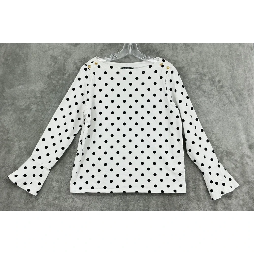 Ralph Lauren Shirt Womens Large Polka Dot‎ Bell Sleeve Gold Button Retro Preppy